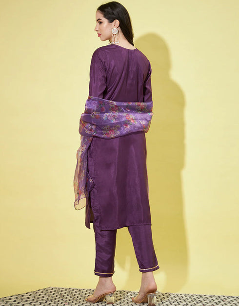 Designer Party Wear Readymade Silk Blend Salwar Suit Purple Silk Blend Pant Straight Back View